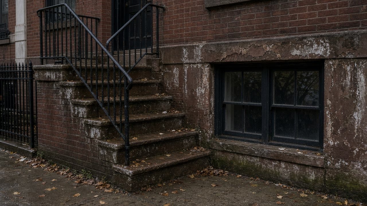 Hoboken brownstone row with moisture and aging masonry cues