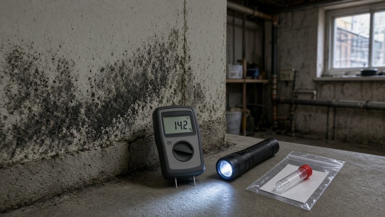 Moisture meter and assessment tools on a work surface
