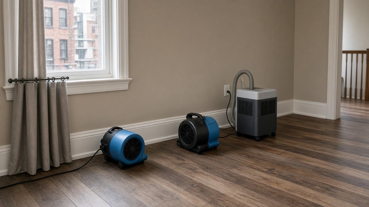 Air movers and dehumidifier drying a cleared room
