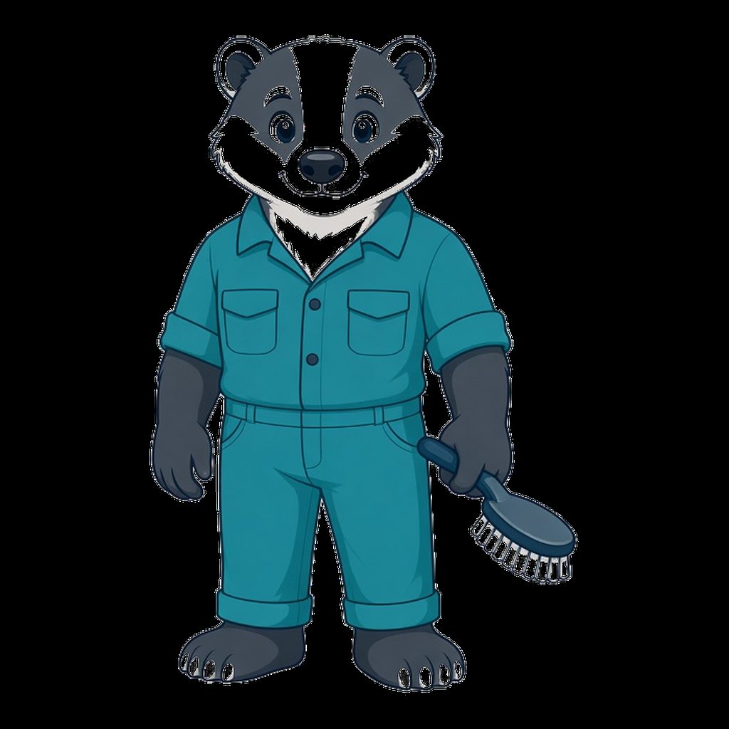 Flat teal badger mascot in work clothes holding a scrub brush
